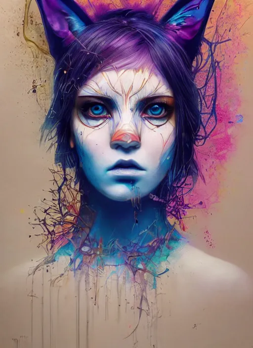 Prompt: beautiful portrait of lofi cyberpunk eevee, by Tristan Eaton, Stanley Artgermm, Tom Bagshaw, Greg Rutkowski, Carne Griffiths. trending on DeviantArt, face enhance, hyper detailed, trending on Artstation, 8k, masterpiece, graffiti paint, fine detail, full of color, intricate detail, golden ratio illustration