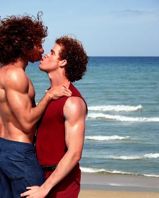 Image similar to a curly brown hair man kissing on the lips a muscular red hair man on the beach