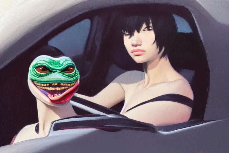 Prompt: A ultra detailed beautiful portrait panting of a stylish pepe sitting in the backseat of a car, Oil painting, by Ilya Kuvshinov, Greg Rutkowski and Makoto Shinkai