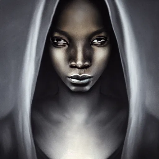 Image similar to a portrait of a young black woman wearing a long dark cloak, hood and shadows covering face, anatomically correct, beautiful perfect face, enigmatic, oil painting, matte painting, black background, Volumetric dynamic lighting, Highly Detailed, Cinematic Lighting, Unreal Engine, 8k, HD, by Beksinski