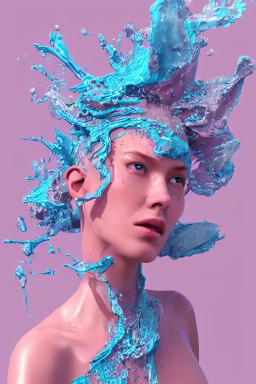 Prompt: epic 3 d abstract model, liquid headdress, 2 0 mm, with cerulean and pastel pink peanut butter, melting smoothly into asymmetrical bubbles, liquid gems, delicate, beautiful, intricate, houdini sidefx, trending on artstation, by jeremy mann and ilya kuvshinov, jamie hewlett and ayami kojima