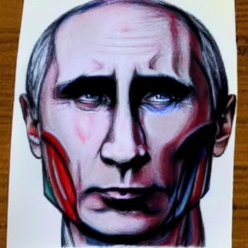 Image similar to Colored crayon drawing of Vladimir Putin as the terminator, half robotic face, red eyes glowing