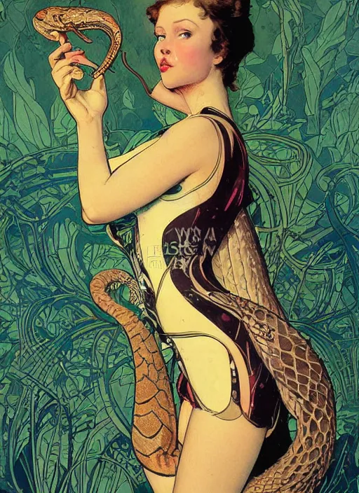 Prompt: an art nouveau copic maker illustration of a russian girl holding a snake by kilian eng, john berkey and norman rockwell