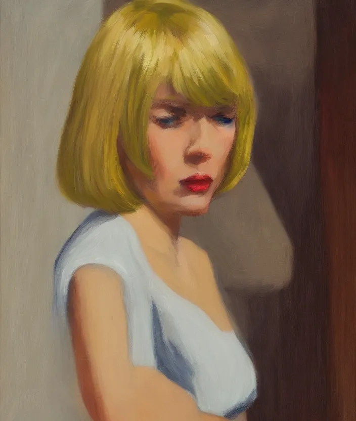 Image similar to a closeup portrait of woman with a blonde bob with bangs, in the style of edward hopper, very fine brush strokes, 4 k,