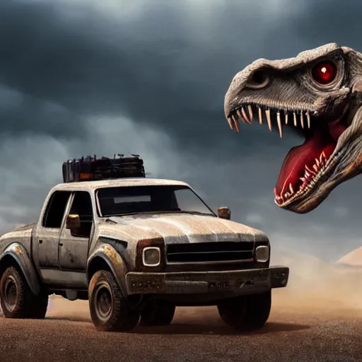 Prompt: truck velociraptor in the style of mad max and star wars, futuristic, dramatic lighting, intricate photorealism, high detail, many exotic high end features