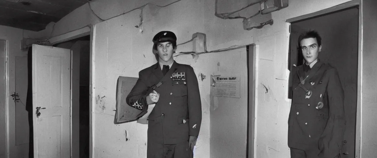 Image similar to a high quality color extreme creepy atmospheric wide dutch angle hd 4 k film 3 5 mm color photograph of a young inexperienced caucasian military man standing in a doorway of a military breakroom in with a clipboard he looks young and experienced in 1 9 8 2