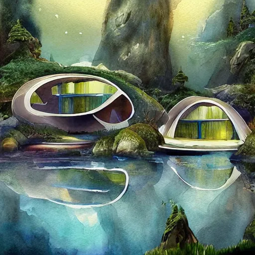 Image similar to beautiful happy picturesque charming sci - fi modular organic pod - like homes of the future in a beautiful natural scene. water, trees and rocks. beautiful light. soft colour scheme. beautiful artistic detailed watercolor by lurid. ( 2 0 2 2 )