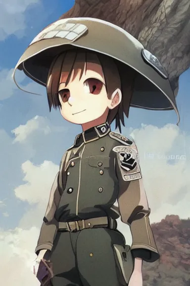 Image similar to beautiful little boy in nazi male uniform. made in abyss art style, sharps focus, cute detailed artwork, anatomically correct, ilya kuvshinov, reflection, perfect composition, wallpaper mobile, digital art, detailed anime soft face, western comic, illustration, realistic, smooth, lois van baarle, soft details, illumination