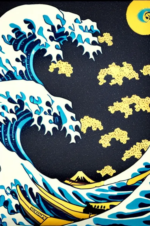 Prompt: Shepard Fairey The Great Wave off Kanagawa, sun in the background