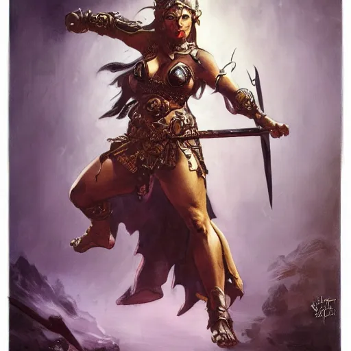 Image similar to warrior princess character portrait by frank frazetta - wearing ornate armor, holding a spear, striking a pose, fantasy, dungeons & dragons, sharp focus, beautiful, artstation contest winner, detailed