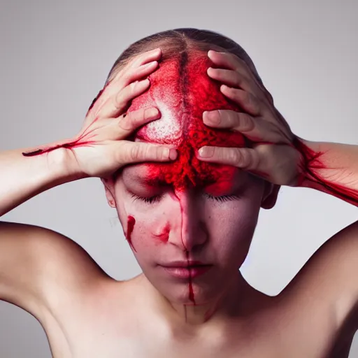 Prompt: headache being physically pulled out of a girl's head, red veins being pulled out of forehead, surreal photograph