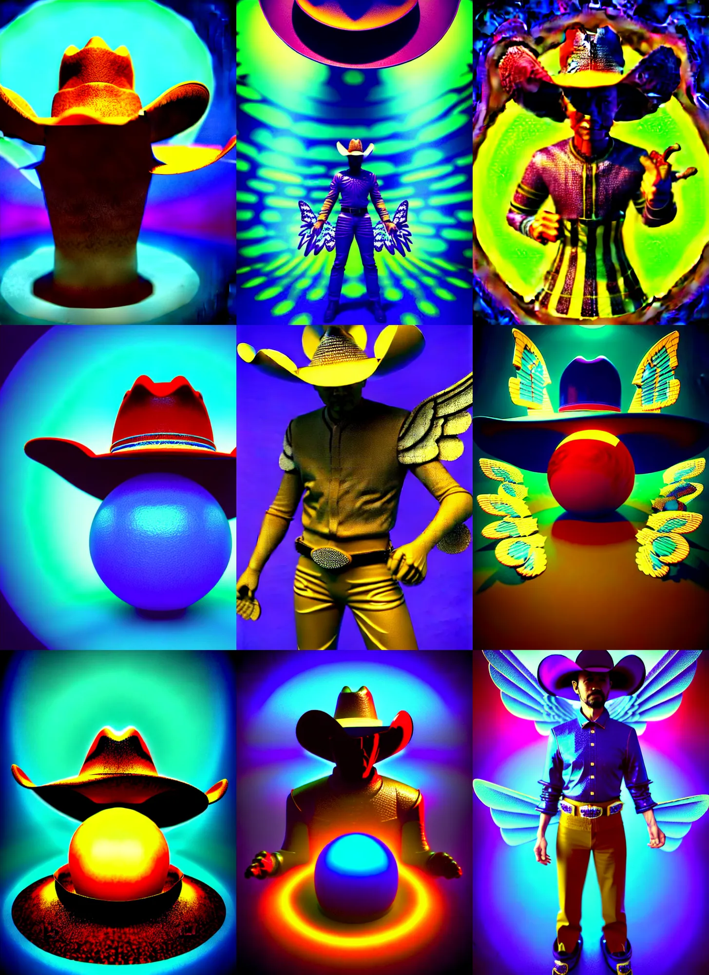 Prompt: retro 3 d rendered raytraced orb knight in the style of ichiro tanida 3 d render wearing a cowboy hat and angel wings, the background is a a psychedelic swirly with 3 d rendered butterflies and 3 d rendered flowers n the style of early cg graphics, micha klein, 3 do magazine