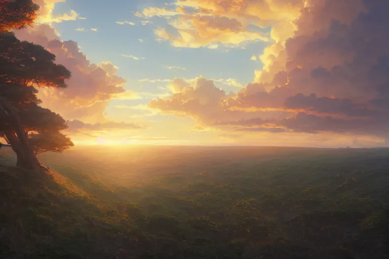 Image similar to a highly detailed matte painting of beautiful sunset by studio ghibli, makoto shinkai, by artgerm, by wlop, by greg rutkowski, volumetric lighting, octane render, 4 k resolution, trending on artstation, masterpiece