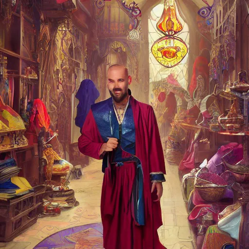 Image similar to photography of charming tailor of middle - eastern descent, dressed in fine colorful robes and jewelry over fantasy armor, goatee, smirking, holding a magic needle, fantasy art by barret frymire by artem priakhin, art by artgerm and greg rutkowski and alphonse mucha, artstation, matte, illustration, intricate, highly - detailed high resolution