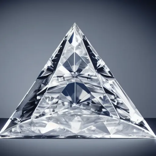 Image similar to A studio photo of a diamond in the shape of a perfect pyramid, realistic, ultra high detail, 8k, studio lighting.