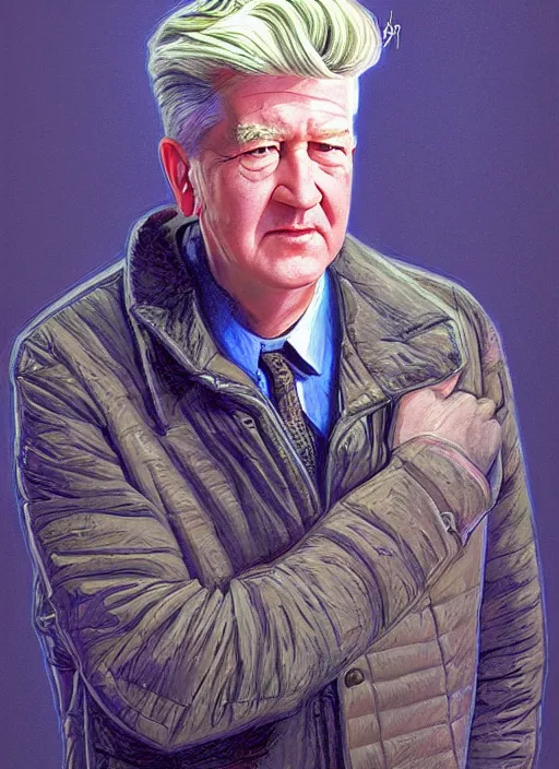 Image similar to portrait of david lynch in back to the future ( 1 9 8 5 ), highly detailed, centered, solid color background, digital painting, artstation, concept art, smooth, sharp focus, illustration, donato giancola, joseph christian leyendecker, les edwards, ed repka, wlop