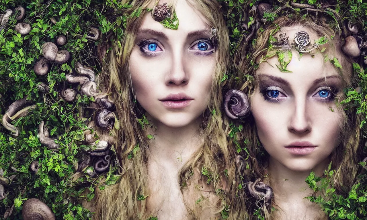 Prompt: beautiful blonde woman with plaits, hand eye, vines, third eye on forehead, forest fae, psychedelic mushrooms, magic, mystical, white witch, photorealistic, portrait, sacred geometry