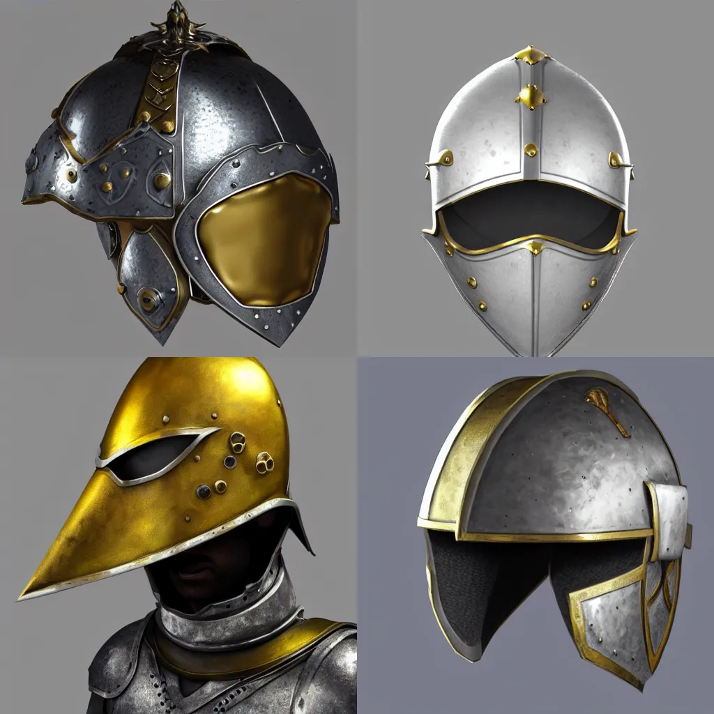 Prompt: A creative medieval fantasy helmet, all-metal, extremely clean, very professional, front orthographic, smooth digital art, silver armor with gold trim, trending on artstation