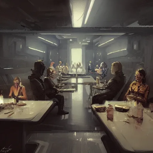 Image similar to concept art by greg rutkowski, a very tall, and slender woman with blond hair, sitting with the crew in the ship's dining room, brutalist futuristic interior, dark lighting atmosphere, detailed portraits, nostalgic atmosphere, scifi, digital painting, artstation, concept art, smooth, sharp foccus ilustration, artstation hq