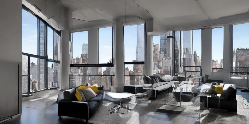 Prompt: futuristic modern apartment loft big windows new york