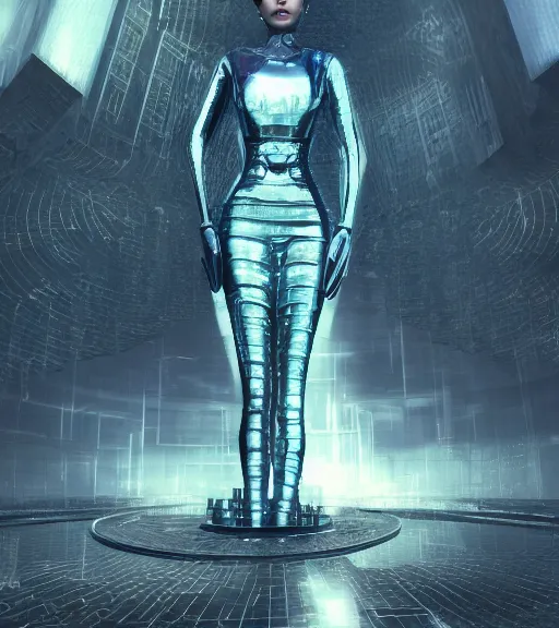 Image similar to tarkovsky greatest scene, the ancient destroyed majestic tower of babylon, woman in futuristic cyber clothing, transparent puffer jacket, hyper realistic, blockchain, cyber world, ambient lighting, concept art, intricate, hyper detailed, smooth, dynamic volumetric lighting, octane, ray trace, cinematic, high quality, high resolution, 4 k, cgsociety