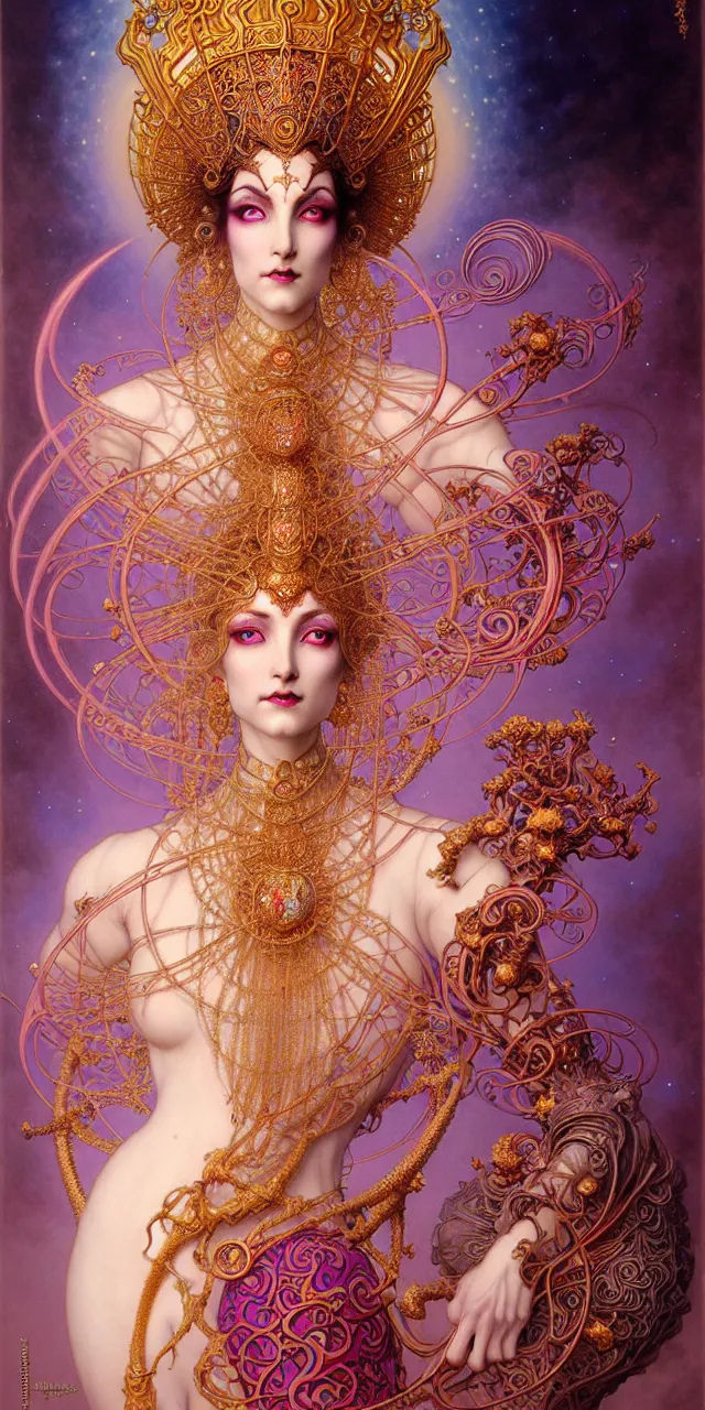 Image similar to beautiful ardhnarishwar art nouveau inter - dimensional empress tsarina character portrait, ultra realistic, intricate detailed costume designed by eiko ishioka, highly detailed by peter mohrbacher, hajime sorayama, wayne barlowe, boris vallejo, aaron horkey, gaston bussiere, craig mullins alphonse mucha