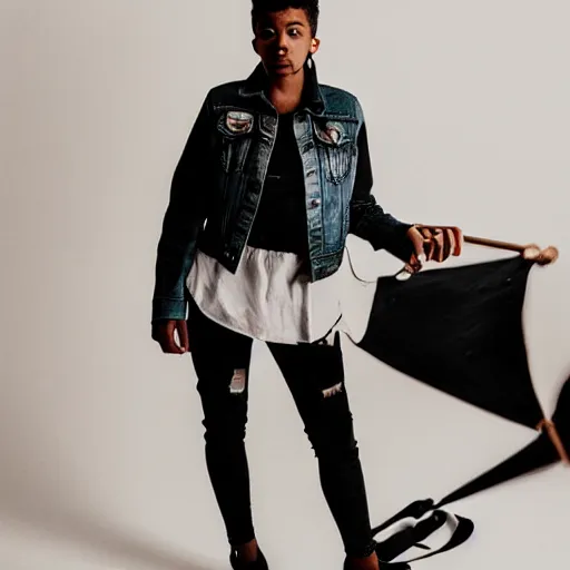 Image similar to realistic photoshooting for a new heliot emil lookbook color film photography portrait of a beautiful woman model, model wears a black paneled denim jacket, photo in style of tyler mitchell