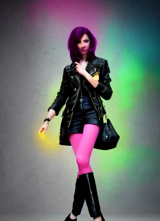 Image similar to a photo of 8 k ultra realistic a black haired female in high heels and a black leather jacket, pink, purple, green, yelow, red, blue, white neon, art by lise deharme