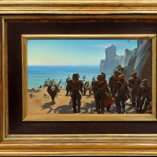 Prompt: stout cortez with eagle eyes stared at the pacific and all his men looked at each other with a wild surmise silent, upon a peak in darien, by jean deville, by marc davis, oil on canvas