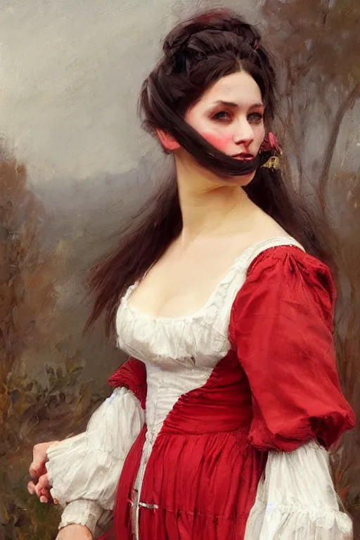 Image similar to Solomon Joseph Solomon and Richard Schmid and Jeremy Lipking victorian genre painting full length portrait painting of a young beautiful woman traditional german french pirate wench in fantasy costume, red background