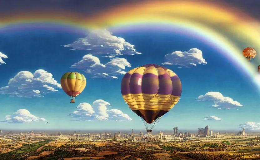 Image similar to a single steampunk hot air balloon flying through the sky with fluffy white clouds and a double rainbow, detailed digital concept art, 4 k movie still, by studio ghibli and winsor mccay