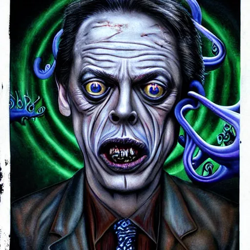 Prompt: steve buscemi's horror version. an unnatural abomination with long teeth, many tentacles, and gray skin. grunge, horror, dmt, dark and muted colors, detailed airbrush art, by yves klein