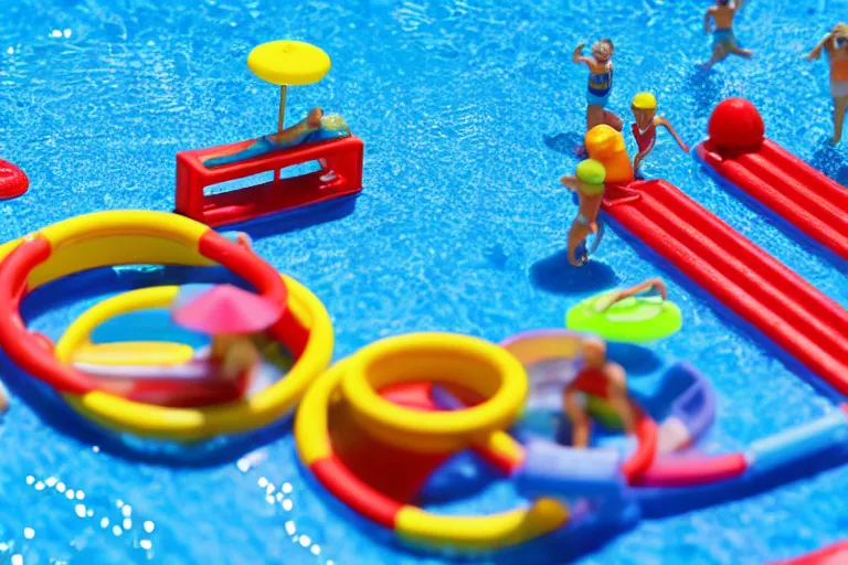 Image similar to fisher price public pool, california, in 2 0 1 5, perfect focus, scene from tv show hyper detailed 5 5 mm 8 5 mm, toy photography, made out of plastic