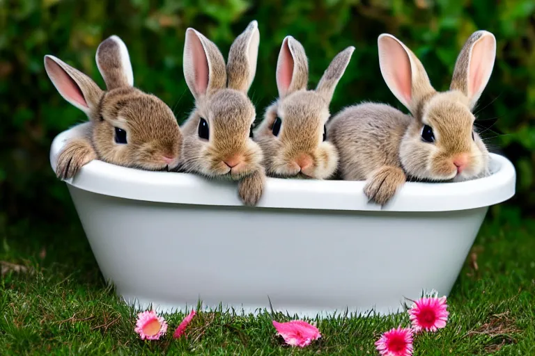 Image similar to a bathtub full of cute baby bunnies. photo realistic 4k 35mm