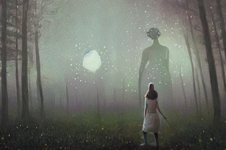 Prompt: giant daisy flower over head, girl walking in spirit forest, surreal photography, dark night, stars, moon light, impressionist painting, clouds, digital painting, artstation, simon stalenhag