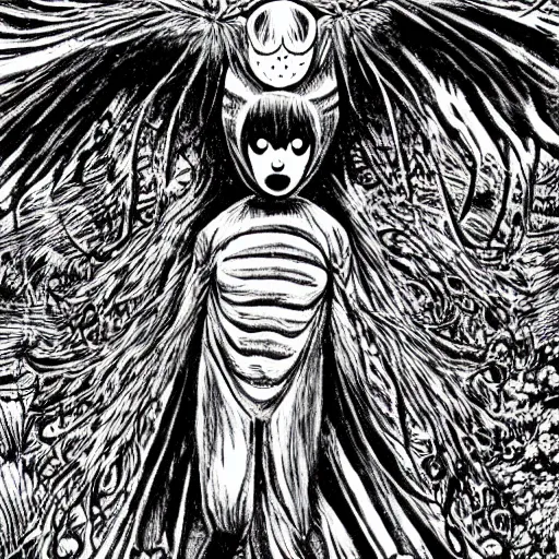 Image similar to mothman in the style of junji ito, in the woods of west virginia, cryptid, insane detail, body horror