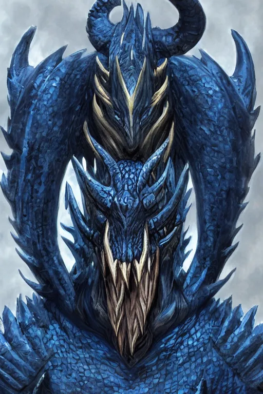 Image similar to a D&D character of a dark blue dragonborn with large tusks, blue flame burning half his face, he wears a black dragon scales armor, D&D concept art