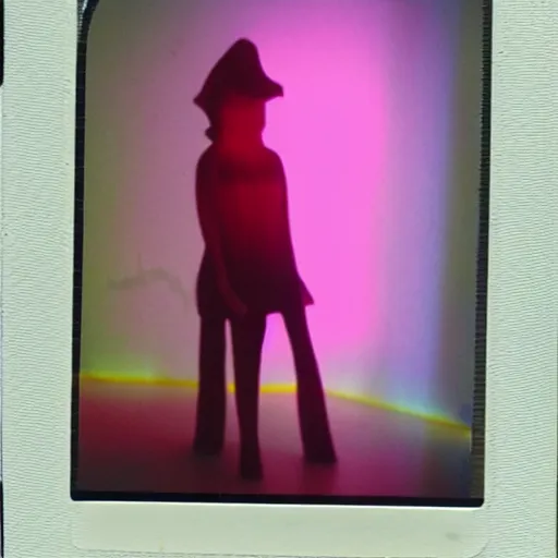 Image similar to coloured atmospheric polaroid 1 9 9 8 photo of a realistic wraith translucent transparent figure in a interior of living room low light