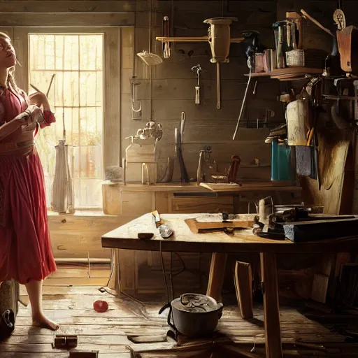 Image similar to highly detailed oil painting | very intricate | cinematic lighting | award - winning | sabrina carpenter as a simple carpenter fine craftsman | building a wooden table in their well organized clean workshop | beautiful cinematic light, american romanticism, by huang guangjian, gil elvgren, ruan jia, randy vargas, greg rutkowski, artstation, cgsociety, official art, octane