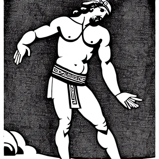 Image similar to Greek God Zeus breakdancing, wearing generic ancient greek clothing, Zeus is in black and white, the background color is blue, in the style of Alex Heywood and Minna Sundberg