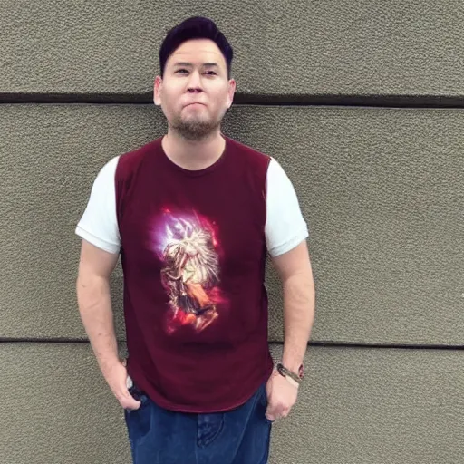 Prompt: a man in his late 3 0 s wearing a t - shirt of burgundy color, and divine heavenly fire is coming to his head