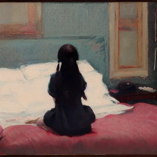 Image similar to girl with pigtails, in kimono, backview, sitting on edge of bed, by jeremy lipking, tim rees, joseph todorovitch