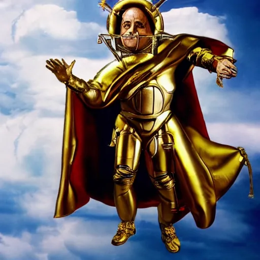 Prompt: Danny Devito as God dressed in a holy exosuit preparing to fight the devil, surreal, gold, light, vibrant, clouds, war