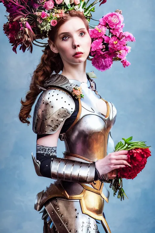 Image similar to closeup portrait of a beautiful mysterious amouranth warrior wearing an armour costume and helmet, holding a bouquet of flowing flowers from below, hands disappeared under the bouquet of flowers, profile view, fantasy, regal, intricate, by ren hang, martine johanna, tran nguyen