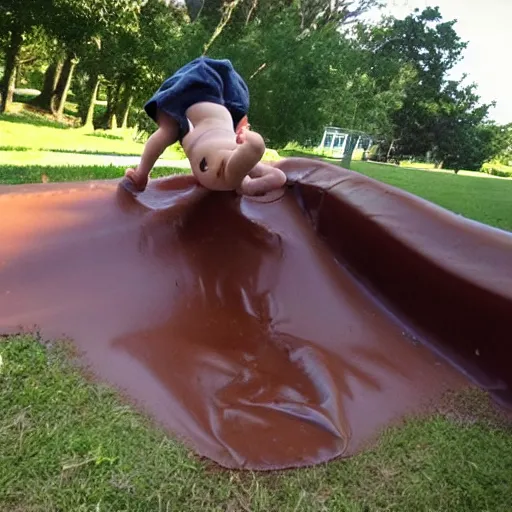 Image similar to kid going down chocolate pudding slip n slide head first, photo taken at the park