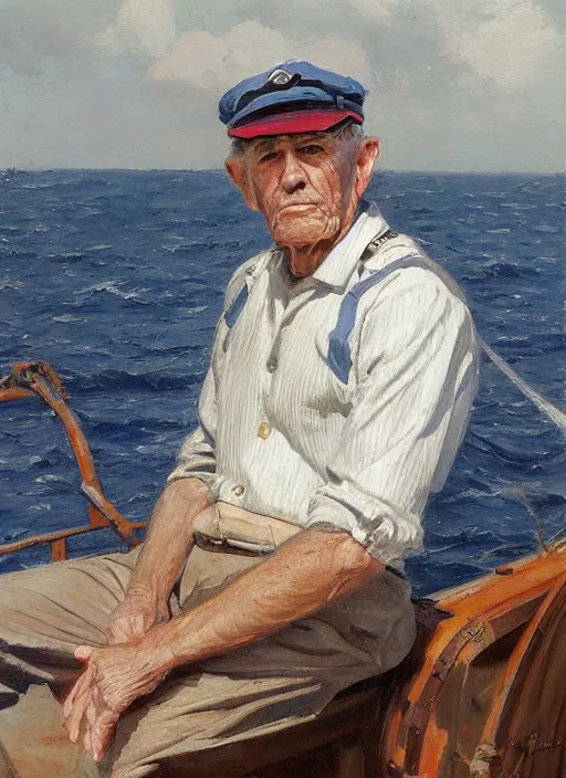 Image similar to a highly detailed old sailor portraitin a boat, by gregory manchess, james gurney, james jean