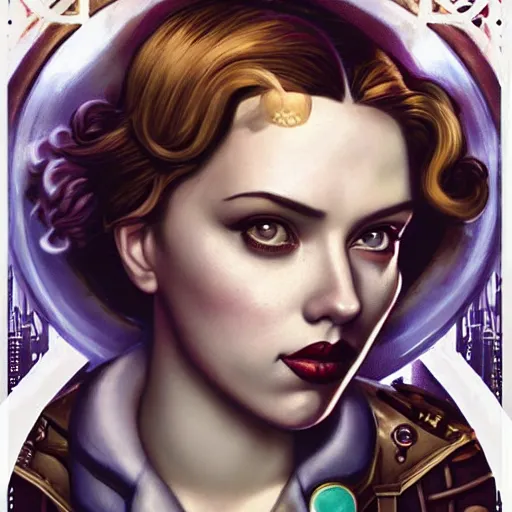 Image similar to Lofi Steampunk Bioshock portrait of Scarlett Johansson, Pixar style, by Tristan Eaton Stanley Artgerm and Tom Bagshaw.