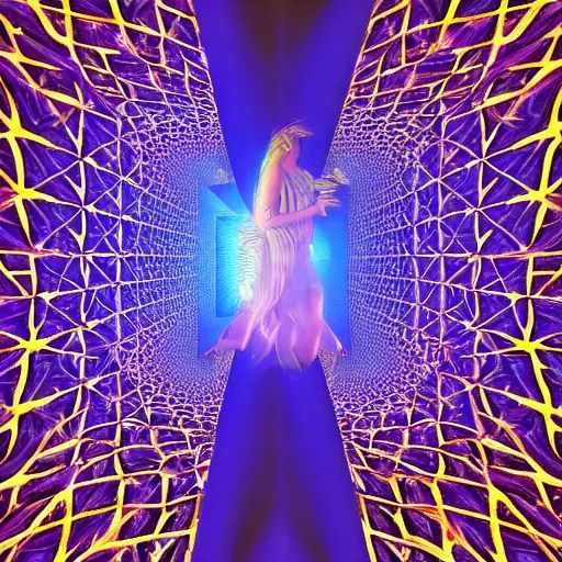 Image similar to divine feminine goddess descending down a hallway of light inside a fractal hypercube