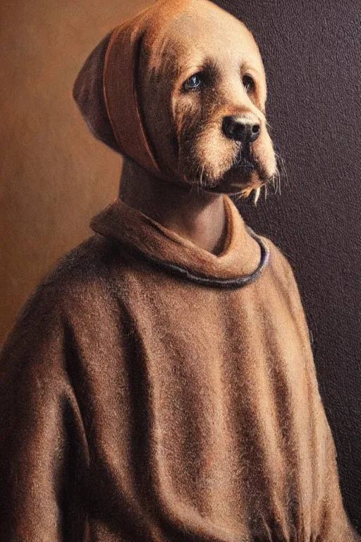 Image similar to Slavic dog head man, woolen torso in medieval clothes, characteristic of cynocephaly, oil painting, hyperrealism, beautiful, high resolution, trending on artstation,