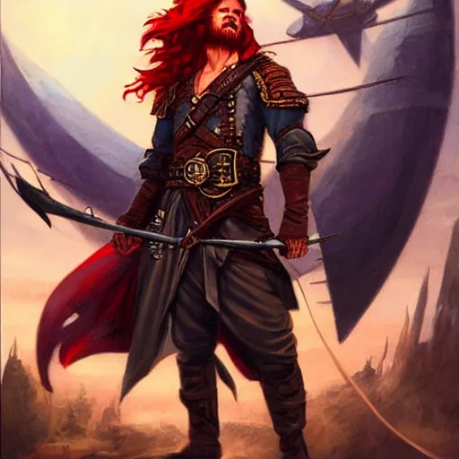 Image similar to an epic fantasy comic book style portrait painting of a long haired, red headed male sky - pirate in front of an airship in the style of bayard wu